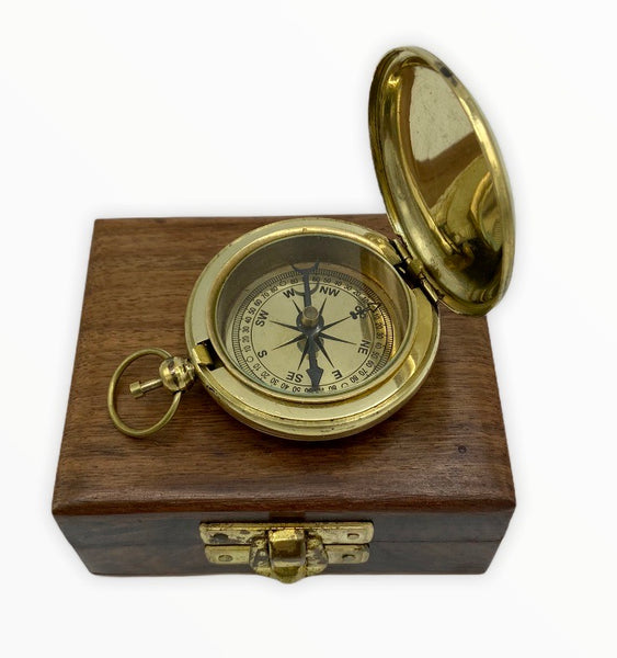 Brass 2" Anchor Pocket Compass in a wood box