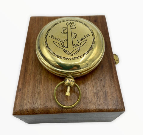 Brass 2" Anchor Pocket Compass in a wood box