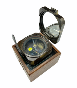 Polished Brass 3.5" Square Brunton  Pocket Transit Surveying or Geology Compass in a Etched Top Glass Wood Box