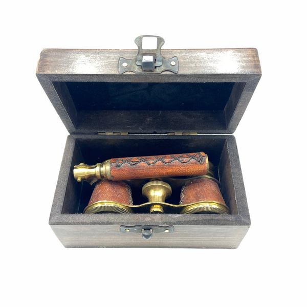 Red Leather Brass Opera Glasses in a Wood Box
